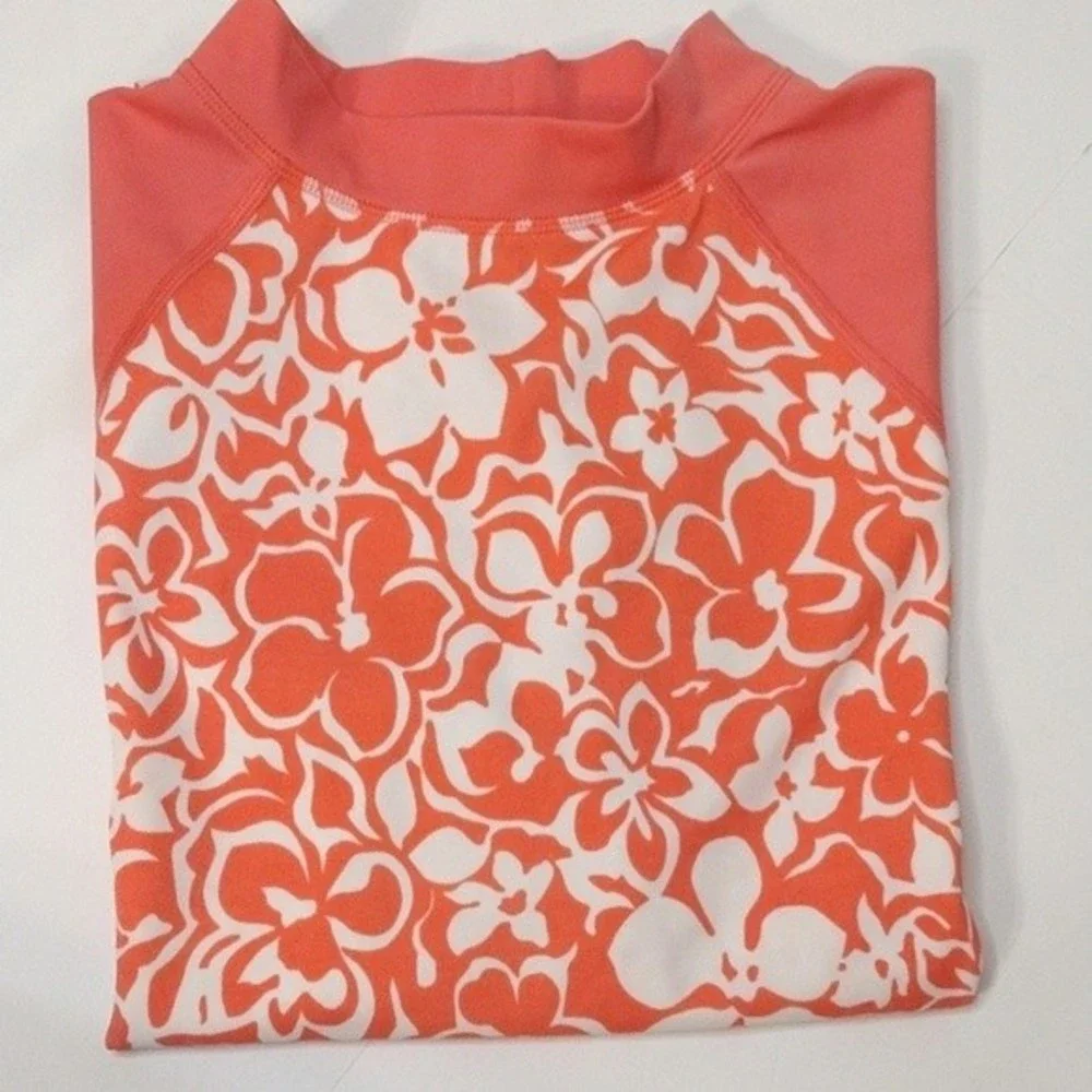 Lands' End Big Girls Floral Short Sleeve Fitted Rashguard Swim Top Size Large